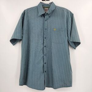 Cinch Short Sleeve Button Front Shirt Mens Size Large Blue Plaid Yellow Logo